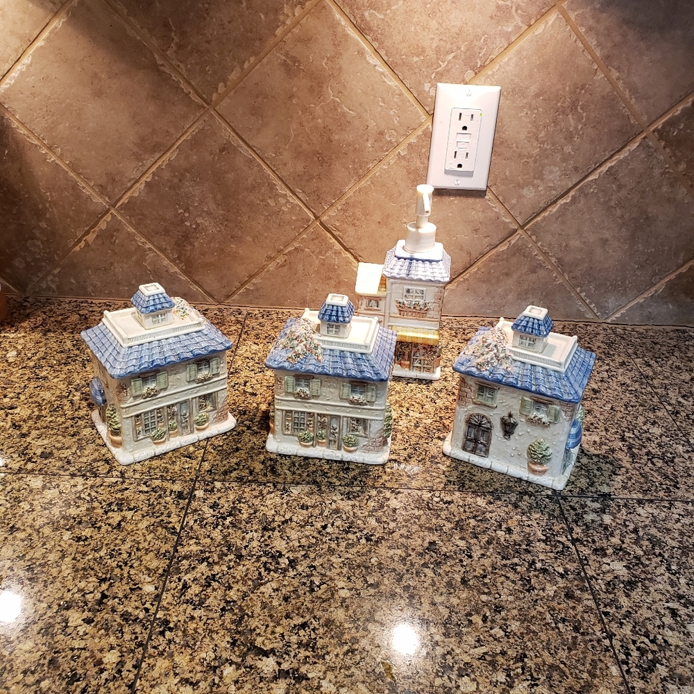 French bistro motif- 3 Canisters and soap dispenser